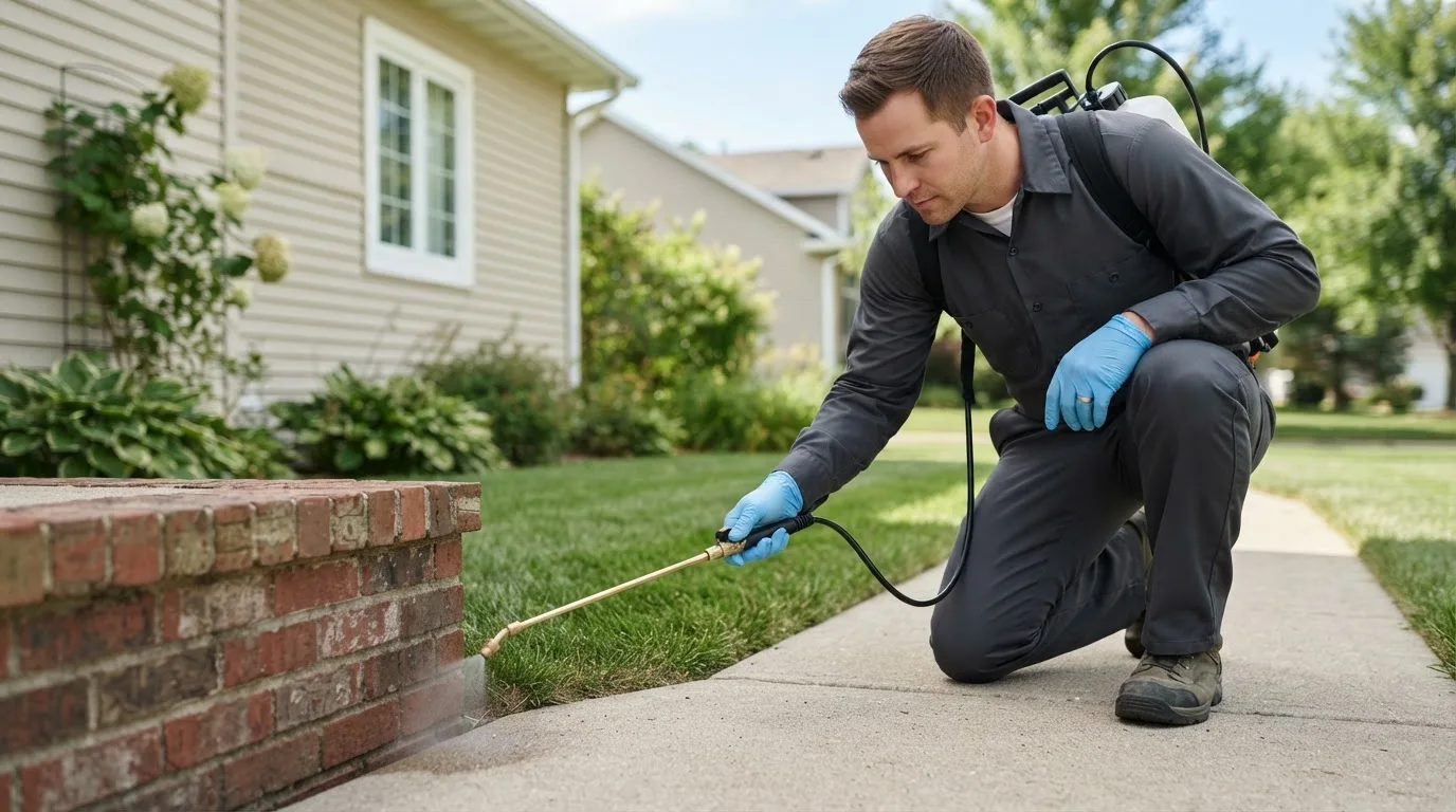 Pest control technician treating a home near Belvue, KS