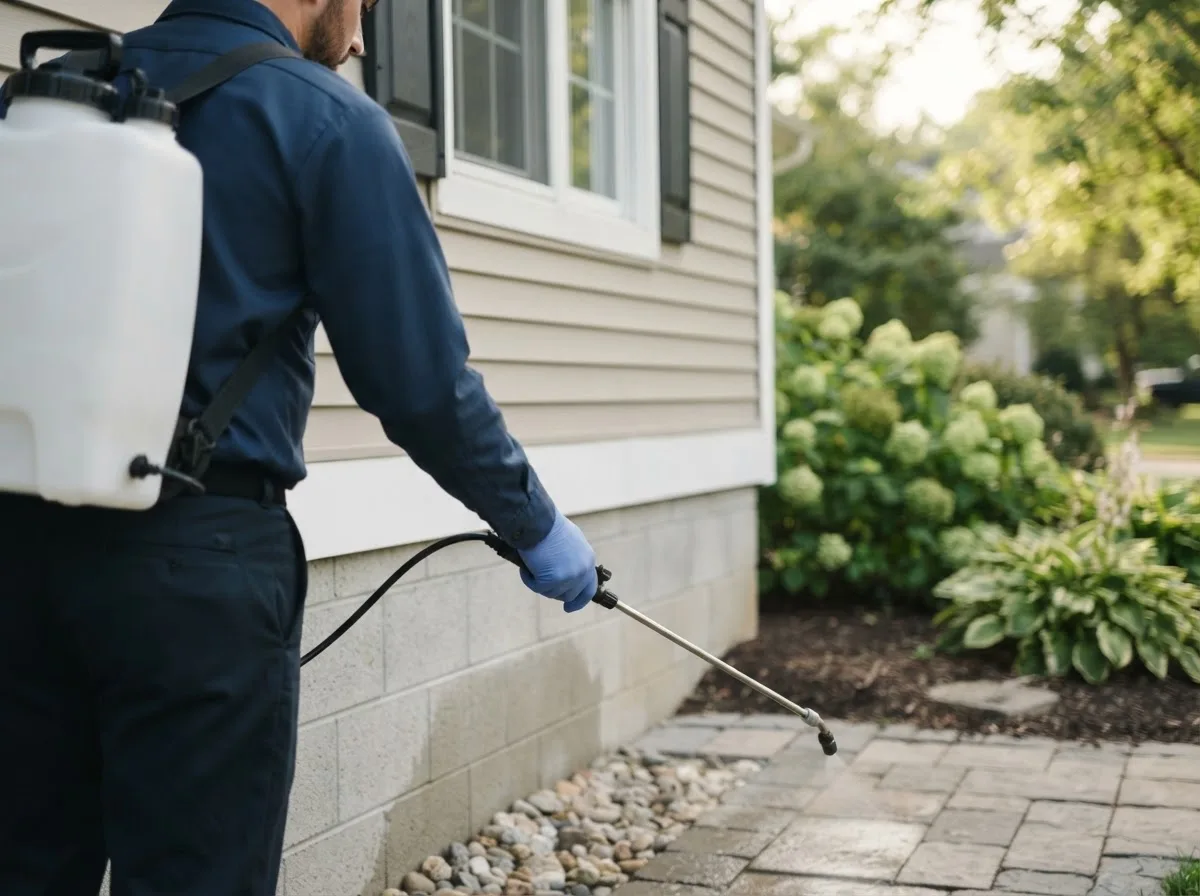 Pest control technician inspecting a home in Belvue, KS